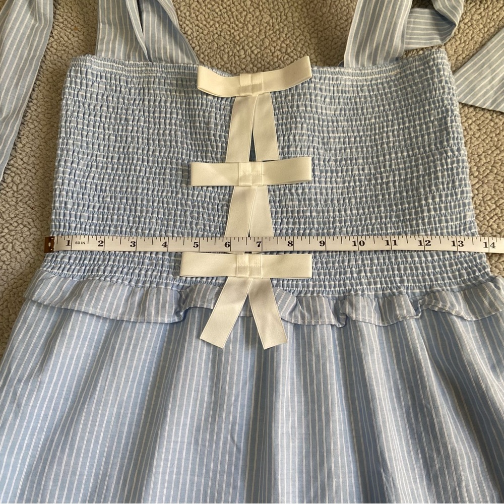 NWOT Sister Jane Kansas Blue Striped Tiered Smocked Tie-Strap Bow Midi Dress - Picture 7 of 10